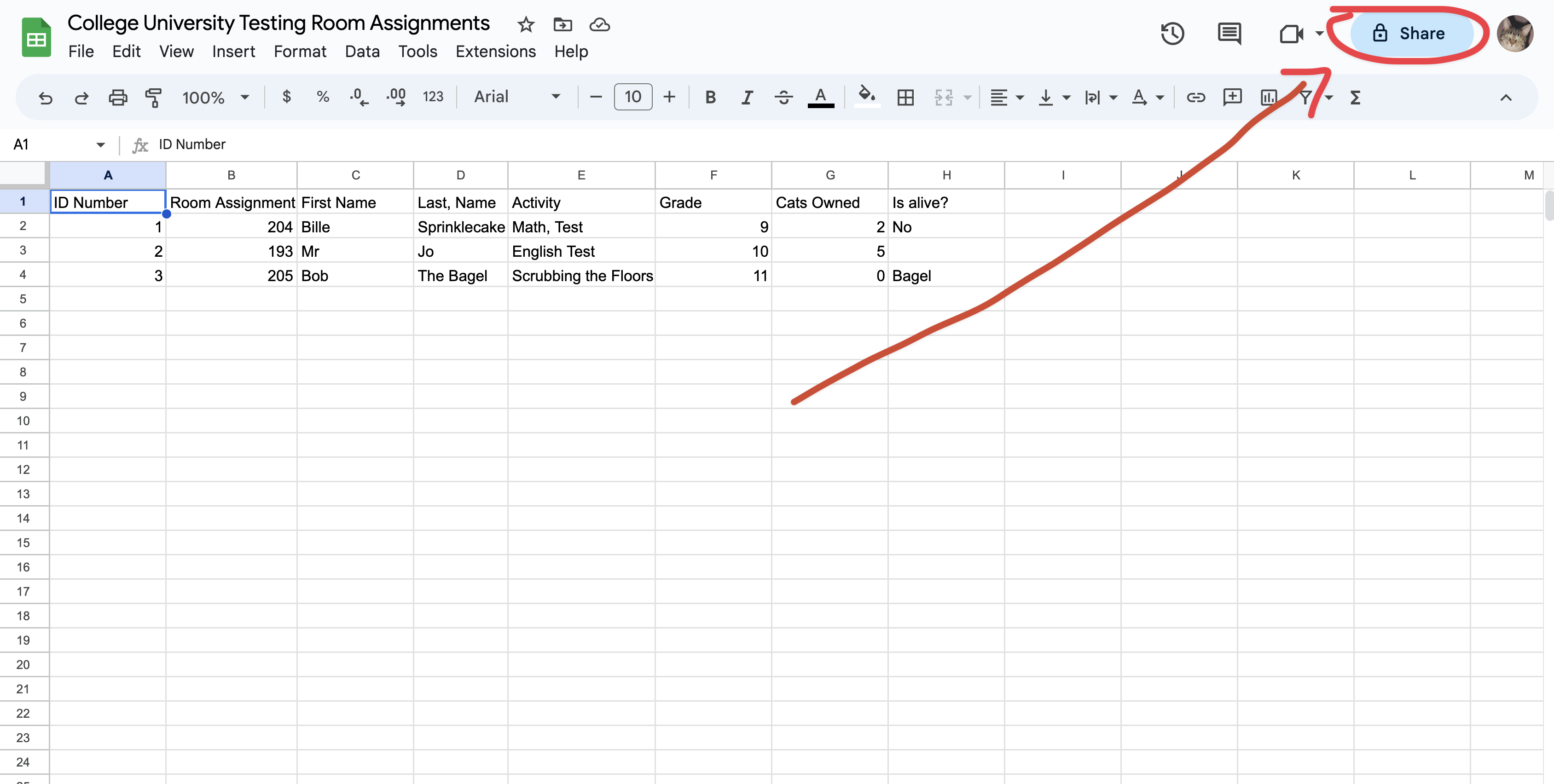 A screenshot of a Google Sheet with an arrow pointing to the 'Share' button