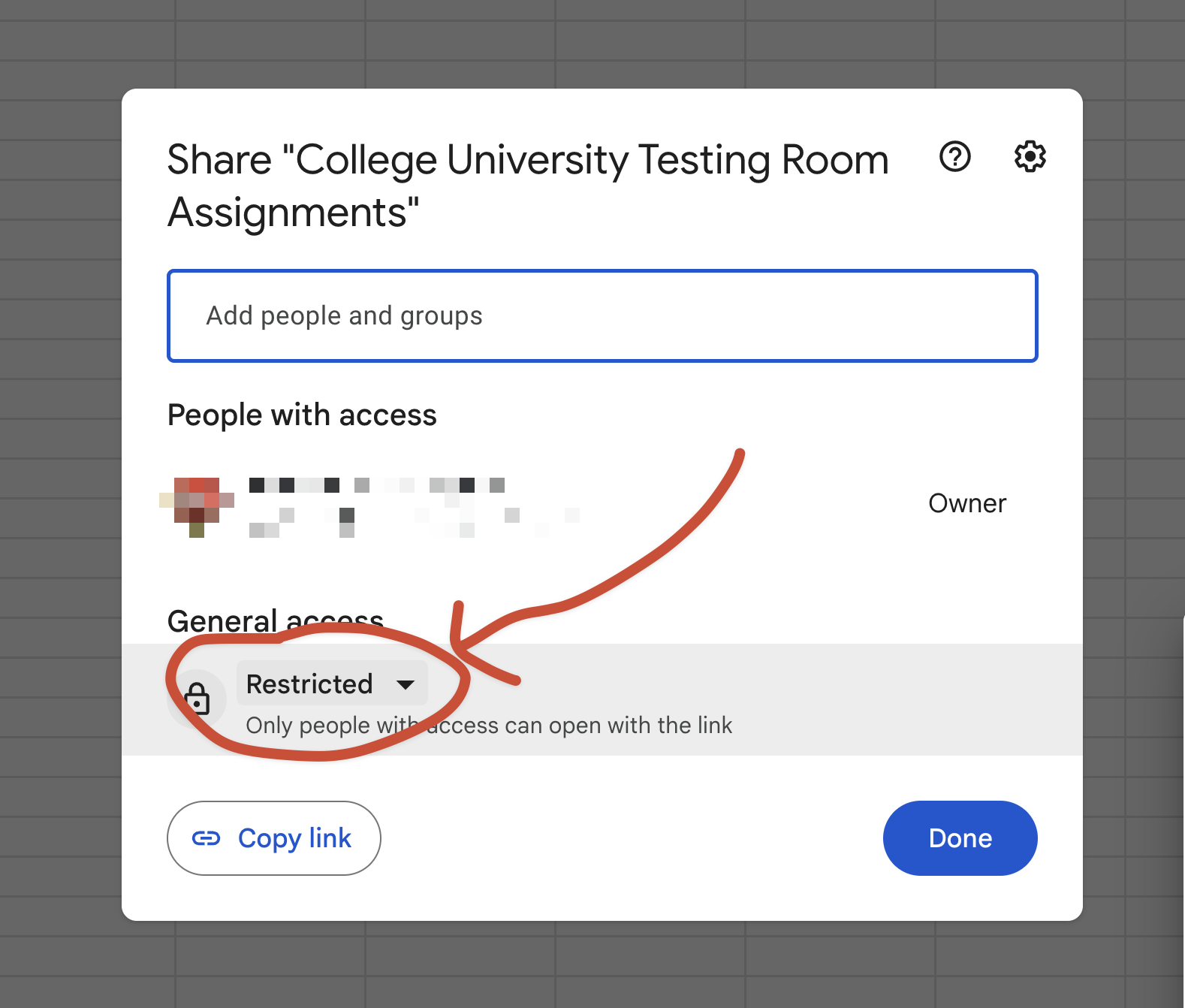 A screenshot of the share modal on Google Sheets with an arrow pointing to 'Restricted'